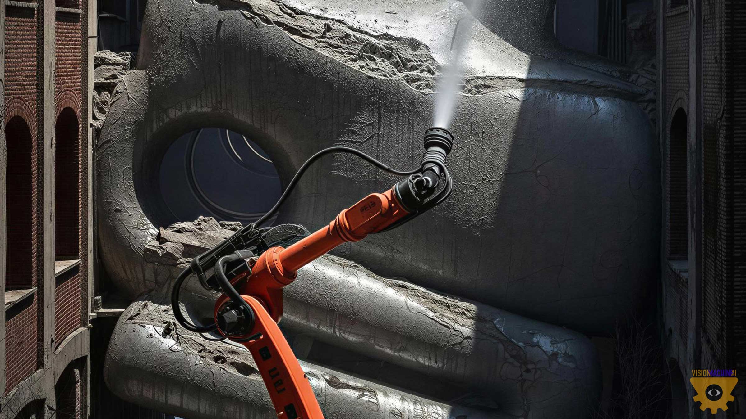 Shotcrete — robotic arm spraying concrete onto an inflatable formwork